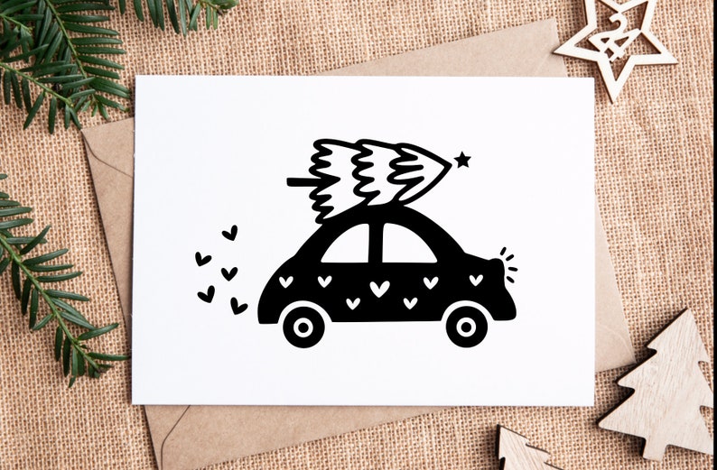 May include: Black and white illustration of a car with a Christmas tree on top. The car is covered in small white hearts.