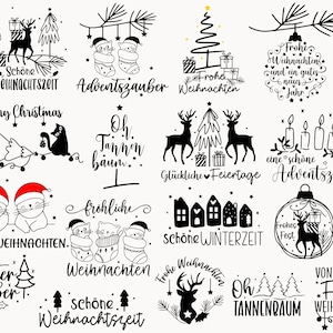 Puede incluir: Ilustraciones en blanco y negro de diseños navideños con texto en alemán e inglés. Los diseños incluyen árboles de Navidad, renos, adornos, velas, casas y gatos. El texto incluye frases como "Frohe Weihnachten", "Schöne Weihnachtszeit", "Adventszauber", "Glückliche Feiertage", "Winterzauber" y "Oh Tannenbaum".
