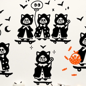 May include: Five black cats dressed as trick-or-treaters on skateboards. Each cat is wearing a black cape with white polka dots and a skull balloon. One cat is holding a basket of sweets.