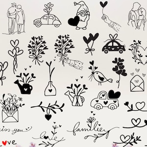 May include: A collection of black and white illustrations featuring hearts, flowers, birds, cars, and other romantic symbols. The illustrations are perfect for creating cards, invitations, or other crafts.