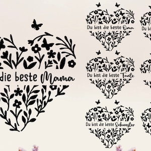 以下が含まれることがあります： ドイツ語で書かれた花柄の黒と白のハート型のデザインが5つセットになっています。テキストは「Du bist die beste Mama」、「Du bist die beste Oma」、「Du bist die beste Tante」、「Du bist die beste Schwester」、「Du bist einfach die Beste」です。