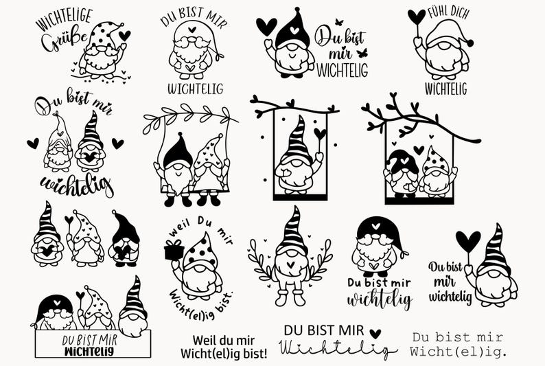 K&ouml;nnte beinhalten: Schwarz-wei&szlig; Illustrationen von Gnomen mit verschiedenen Spr&uuml;chen auf Deutsch. Die Spr&uuml;che beinhalten "Wichtige Gr&uuml;&szlig;e", "Du bist mir wichtdig", "Du bist mir WICHTELIG", "F&uuml;hl dich WICHTELIG", "Weil du mir Wicht(el)ig bist!" und "DU BIST MIR WICHTELig".