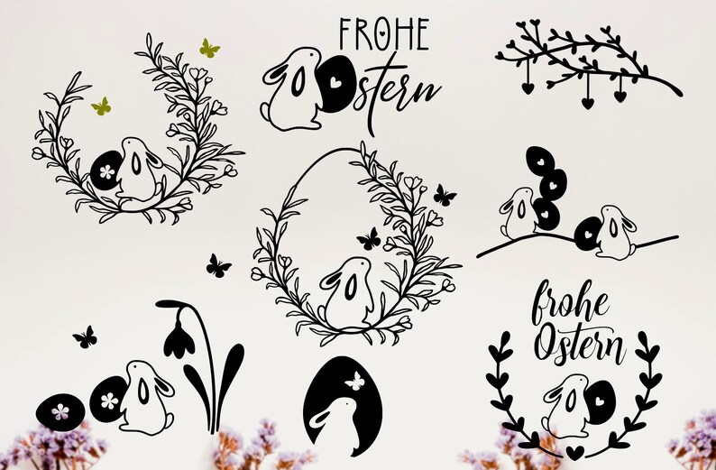 Pu&ograve; includere: Illustrazioni in bianco e nero di coniglietti e uova di Pasqua con il testo "Frohe Ostern" e "frohe Ostern" in tedesco. Le illustrazioni includono un coniglietto che tiene un uovo, un coniglietto in una ghirlanda, un coniglietto con un fiore e un coniglietto con un cuore.