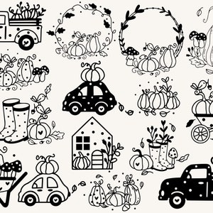 May include: Black and white illustrations of various fall-themed items, including pumpkins, a house, a truck, a car, and a wheelbarrow. Some of the items are decorated with polka dots.