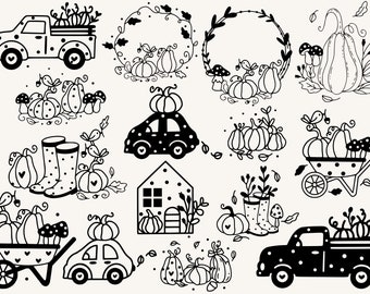 Könnte beinhalten: Schwarz-weiße Illustrationen verschiedener Herbstmotive, darunter Kürbisse, ein Haus, ein Lastwagen, ein Auto und eine Schubkarre. Einige der Gegenstände sind mit Punkten verziert.