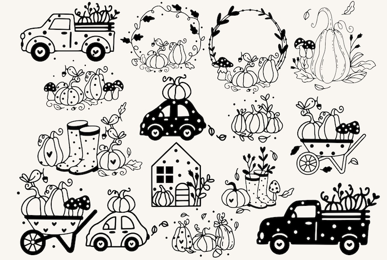 Op de afbeelding: Zwart-witte illustraties van verschillende herfstthema-items, waaronder pompoenen, een huis, een vrachtwagen, een auto en een kruiwagen. Sommige items zijn versierd met stippen.
