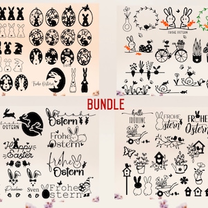 May include: A digital download of black and white Easter-themed SVG files. The images include bunnies, eggs, wreaths, flowers, and text in German that says "Frohe Ostern" which means "Happy Easter".