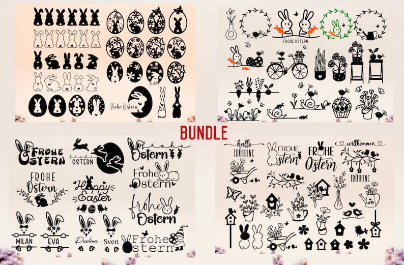 以下が含まれることがあります： 白黒のイースターをテーマにしたSVGファイルのデジタルダウンロードです。画像には、ウサギ、卵、花輪、花、ドイツ語で「Frohe Ostern」と書いてあり、「ハッピーイースター」を意味します。