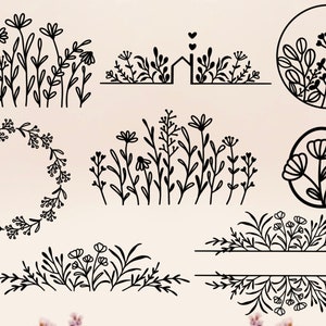 May include: A set of nine black and white floral illustrations. The illustrations feature various arrangements of flowers, leaves, and stems. Some of the illustrations are in circles, while others are in wreaths or borders.