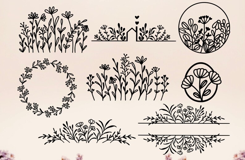 May include: A set of nine black and white floral illustrations. The illustrations feature various arrangements of flowers, leaves, and stems. Some of the illustrations are in circles, while others are in wreaths or borders.