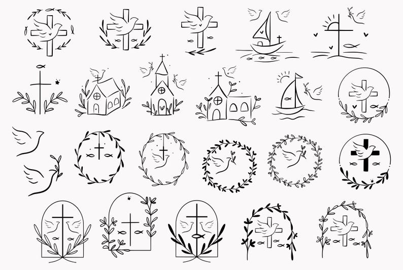 Pu&ograve; includere: Un set di 20 disegni in bianco e nero di simboli cristiani, tra cui croci, colombe, chiese e pesci. I simboli sono tutti disegnati a mano e hanno uno stile semplice ed elegante.