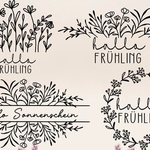 May include: Four black and white illustrations of floral wreaths with the text "hallo fr&uuml;hling" in a handwritten font. The text translates to "hello spring" in English.