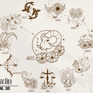 Znak zodiaku Svg, kwiatowy znak zodiaku Svg, astrologia Svg, kwiatowy znak zodiaku SVG, waga Svg, baran Svg, skorpion Svg, clipart zodiaku, PNG