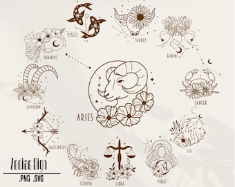 Blumen Sternzeichen SVG, Astrologie SVG, Blumen Sternzeichen SVG, Waage SVG, Widder SVG, Skorpion SVG, Sternzeichen Clipart, PNG