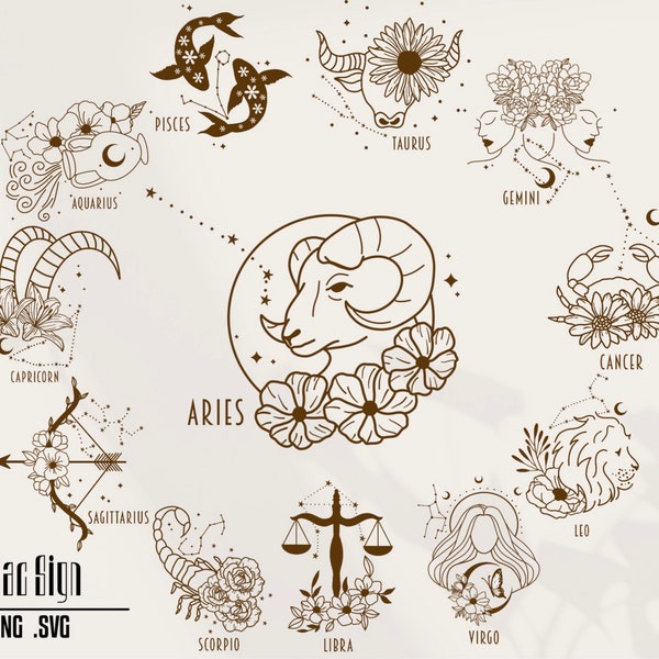 Zodiac sign Svg,Floral Zodiac sign Svg, Astrology Svg,Flower Zodiac Sign SVG,Libra svg,Aries svg,Scorpio Svg,Zodiac Clipart,PNG