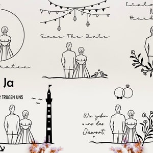 May include: A set of black and white illustrations featuring a couple getting married. The illustrations include a floral wreath, a lighthouse, a couple standing back to back, and a couple holding hands. The text in the illustrations includes "Ja", "Wir trauen uns", "Save the Date", "Einladung zur Hochzeit", and "Wir geben uns das Jawort."