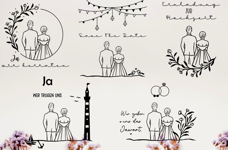 May include: A set of black and white illustrations featuring a couple getting married. The illustrations include a floral wreath, a lighthouse, a couple standing back to back, and a couple holding hands. The text in the illustrations includes "Ja", "Wir trauen uns", "Save the Date", "Einladung zur Hochzeit", and "Wir geben uns das Jawort."