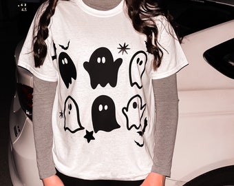 Halloweentröja, söt spöktröja, söt Halloween-t-shirt, läskig säsong, vit kortärmad t-shirt, hösttröja, Halloween