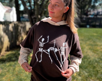 Dancing Skeleton Halloween T-Shirt, Brown T-Shirt, Spooky Tee, Fall, Cute and Scary, Autumn Pumpkin, PSL, Spooky Season, Skeletons
