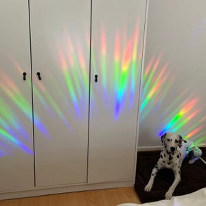 Pu&ograve; includere: Un armadio bianco con tre ante e maniglie nere. Una luce di prisma arcobaleno splende attraverso la finestra e proietta uno schema colorato sulle ante dell'armadio. Un dalmata &egrave; sdraiato sul pavimento davanti all'armadio.