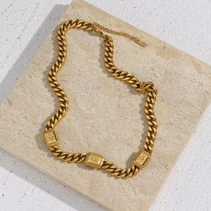 North Star Zircon Triple Pendant Cuban Link/18K Gold Plated/