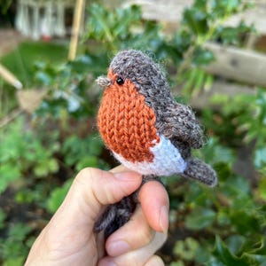 Könnte beinhalten: Eine Hand hält ein gestricktes Rotkehlchen-Spielzeug. Der Vogel ist braun, orange und weiß.