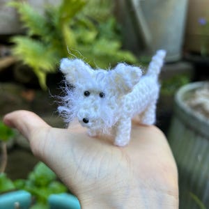 May include: A small white crocheted dog with black eyes. The dog is sitting on a person's hand.