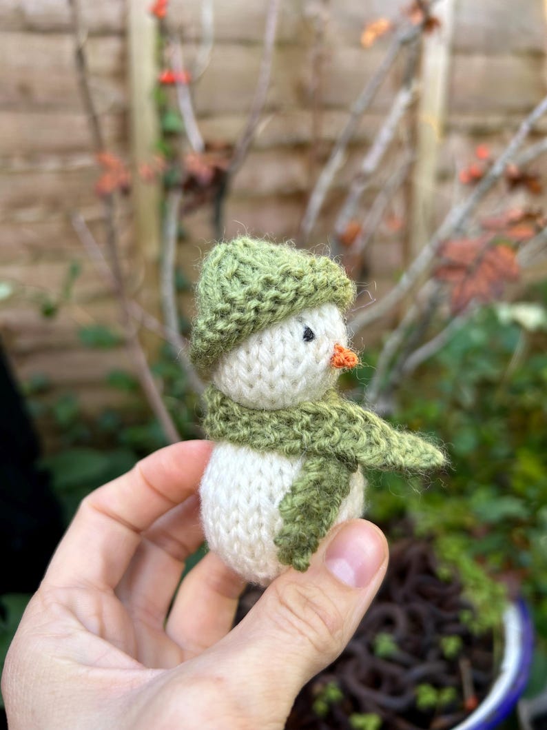 May include: A small knitted snowman with a green hat and scarf. The snowman is white with a small orange nose.