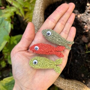 May include: Three small, handmade knitted fish in shades of green and red, each with a googly eye. The fish are displayed on a person's open palm, with a blurred background of greenery and a woven pot.