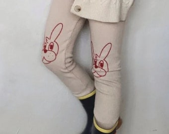 Seoul Snuggles: Ribbed Leggings with Rabbit Print on Knee, Crafted in Korea