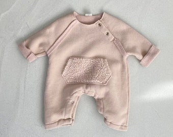 Seoul Snuggles: Snuggle-Ready - Super Soft Sherpa Kangaroo Pocket Baby Jumpsuit - BEIGE