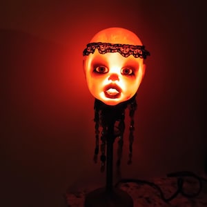 Doll Head Lamp, creepy doll, cabinet of curiosity, macabre, goth, oddities, scary, unique