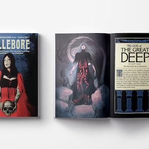 May include: An open book with a dark blue cover and a white illustration of a woman in a black dress with red accents. The book is titled "The God of the Great Deep" by Katy Scar. The text on the right page describes the god of the Great Deep.