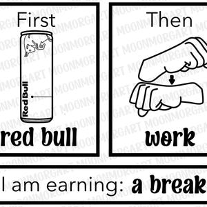 May include: A black and white illustration of a can of Red Bull energy drink with the text "First red bull" above it.  The second image shows a hand gesture with the text "Then work" below it. The third image shows the text "I am earning: a break".