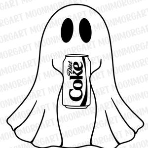 May include: A black and white line art illustration of a ghost with two oval eyes, holding a soda can with the text Diet Coke printed on the front. The ghost has a simple rounded shape with a draped bottom edge and two small arm-like extensions.