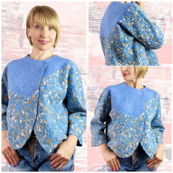 Felt jacket video tutorial, step-by-step guide on how to make felting a women’s jacket, comfortable online wet felting process, pattern.