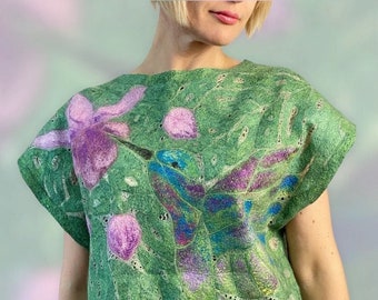 Green wool tshirt tunic short sleeves, Women’s dress tropical design, Unique silk tunic bird pattern, Women’s summer floral dress tunic