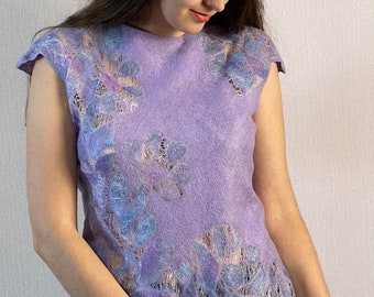 Lilac short sleeved wool tunic tshirt, Women’s sheer tunic top, unique silk tunic appliques flowers, women’s summer tunic tshirt