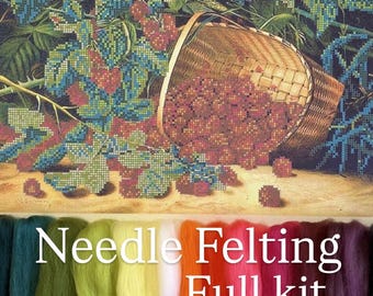 Needle felting kit Cherries,Tapestry adult craft kit,Needle felt for beginner,Wall panel supplies,Starter needle felt kit for gift
