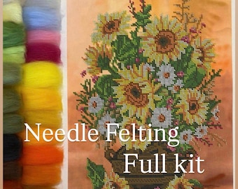 Needle felt Art Kit Sun kiss,Wool painting Tapestry Craft kit,Handmade wool drawing kit for women, Unique floral kit for beginners!