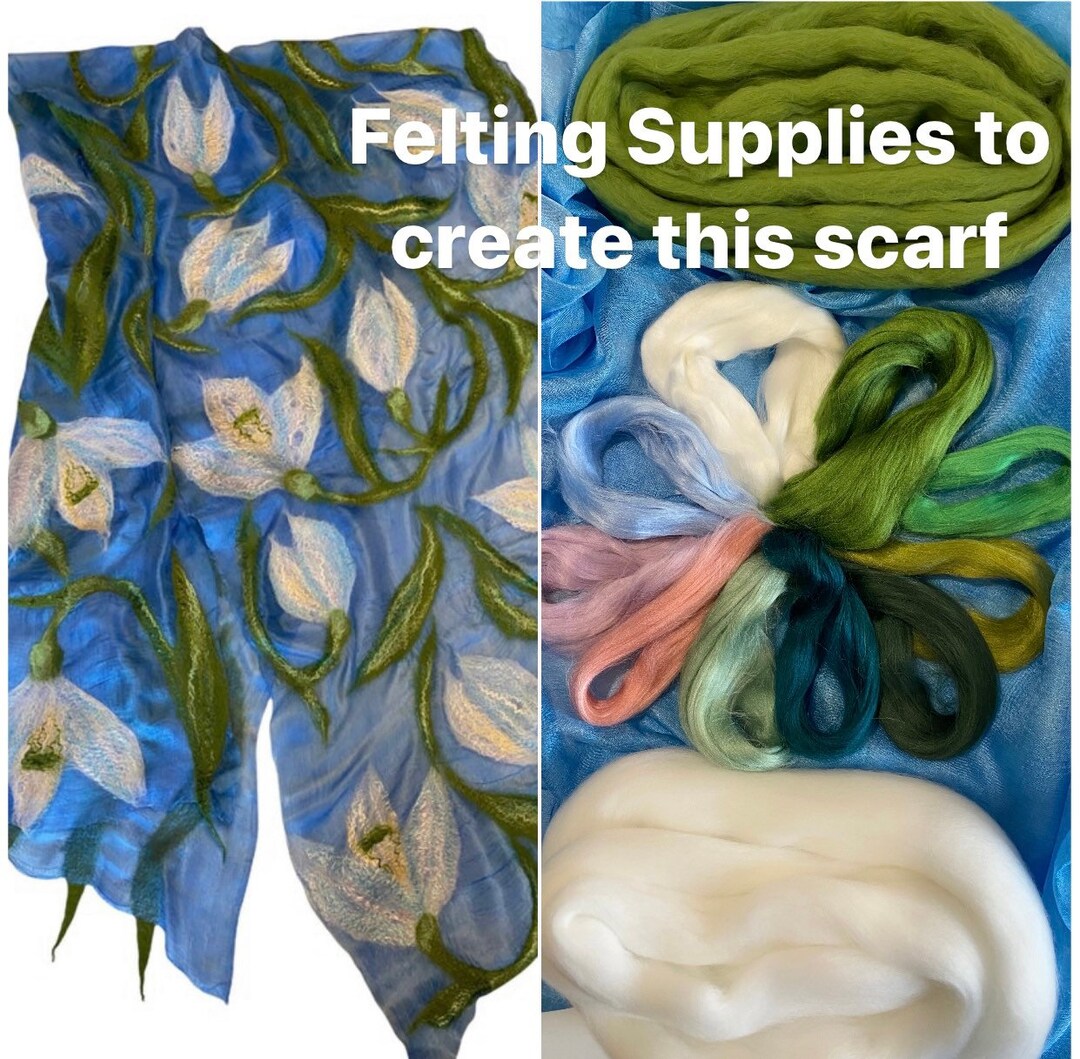 Wet Felting Scarf Kit ,wool Roving and Viscose Fibers,dyed Roving Art