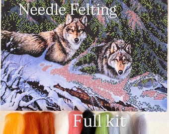 Needle Felting Kit “Pair of Wolves”/DIY Wool Painting by Numbers/Full Needle Felting Set/Beginer Felting