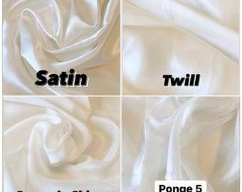 May include: Four samples of off-white fabric are displayed, each with a different texture. The top left shows Satin, the top right Twill, the bottom left Crepe de Chine, and the bottom right Ponge 5 Silk Excelsior. The fabrics are draped and folded.