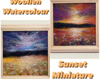 Miniature painting landscape 20*20cm, Sunset wool pattern, Colorful wool painting, Wool wall hanging, Natura tlextile art decor