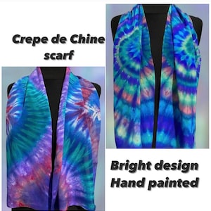 Long Silk scarf women’s hand-painted, Blue pattern  silk scarf , Handmade silk scarf birthday gift, Bright abstract pattern silk scarf.