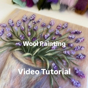 Dry felting technique Lavender felt drawing, video tutorial flower woolen home decor step by step instructions, master class felt painting
