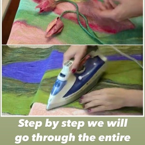 May include: A step-by-step guide to creating a scarf using felting techniques. The image shows a person adding felt flowers to a scarf and then using an iron to felt the fabric.