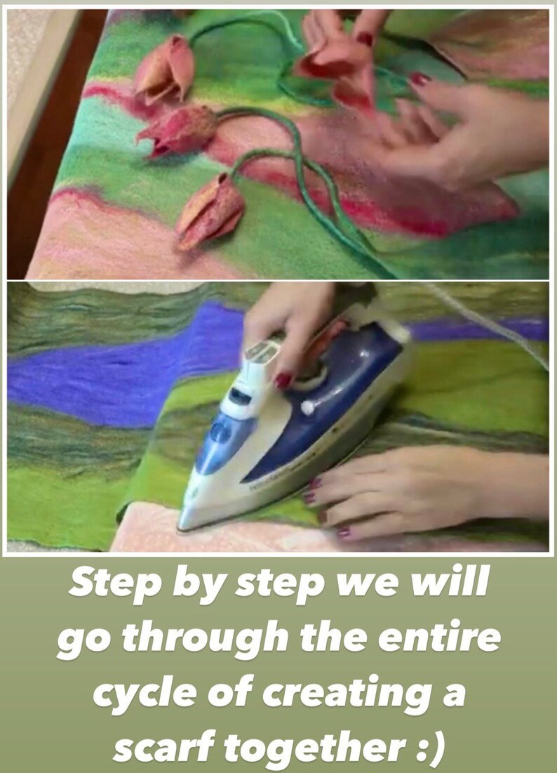 May include: A step-by-step guide to creating a scarf using felting techniques. The image shows a person adding felt flowers to a scarf and then using an iron to felt the fabric.