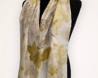 Botanically dyed silk scarf, long silk scarf unique gift, luxury silk scarf, white silk scarf golden leaves, vegan large silk scarf