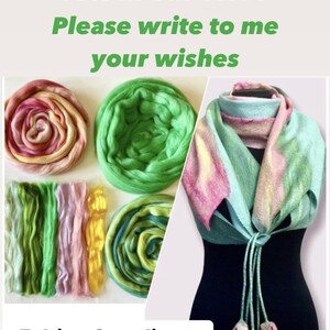 May include: A felted scarf in shades of green, pink, and yellow with a flower design at the end. The image also shows the wool fibers used to create the scarf.